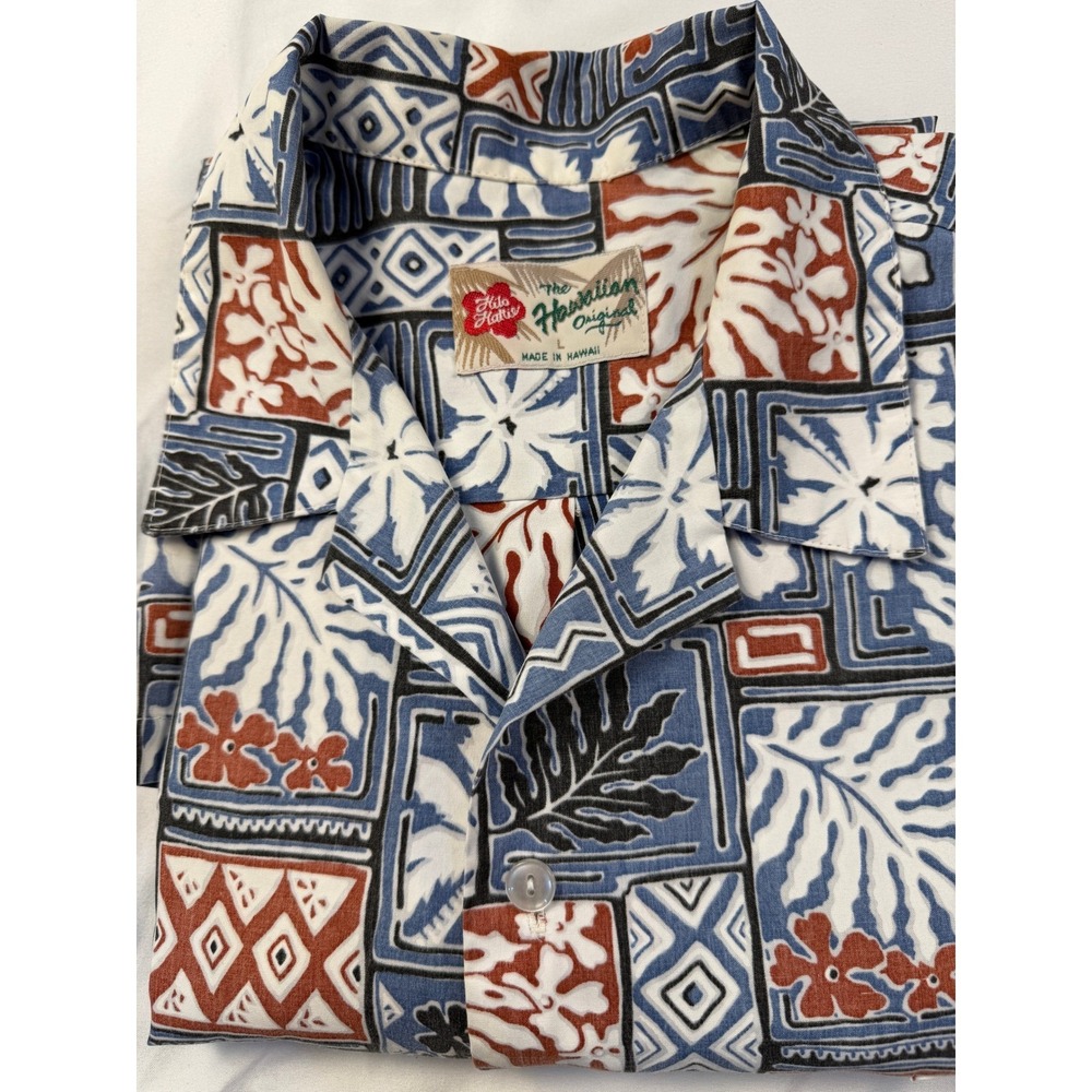 Hilo Hattie Mens Hawaiian Shirt Large Blue Tapa Floral Print Made in Hawaii L